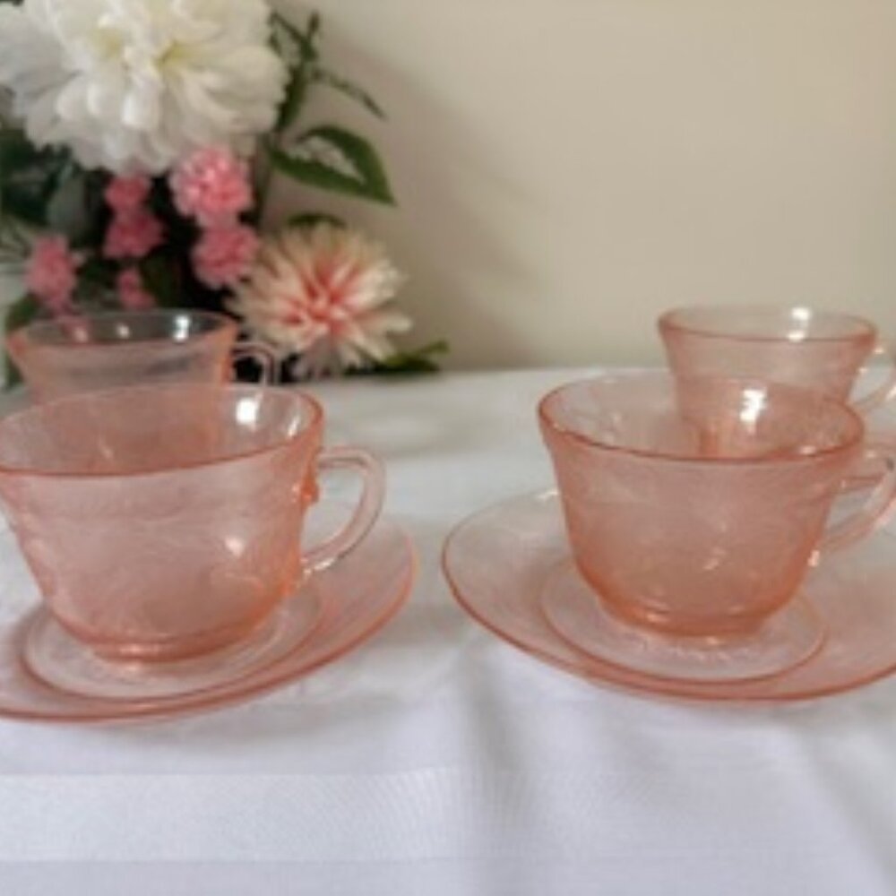 Macbeth-Evans‎ Dogwood Pink Depression Glass Teacups and Saucers Set Vintage